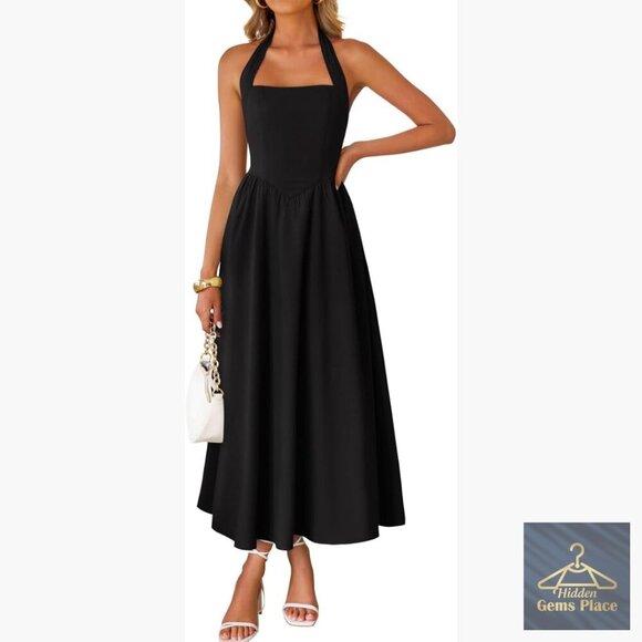 Dresses & Skirts - Sleeveless Halter Midi Dress High Waist Backless Off Shoulder Summer Beach